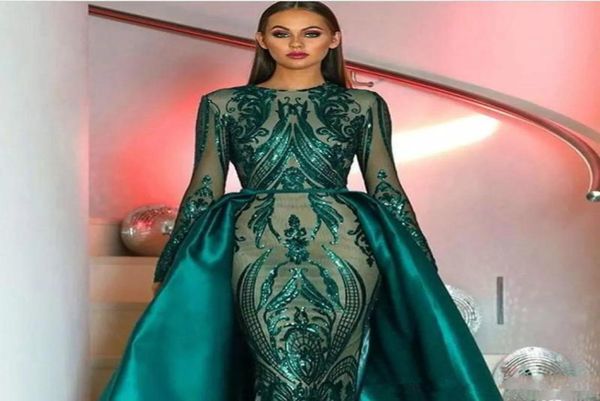 

luxury muslim dark green long sleeves sequins mermaid evening dresses 2020 illusion plus size formal party prom gowns with detacha5711543, Black;red