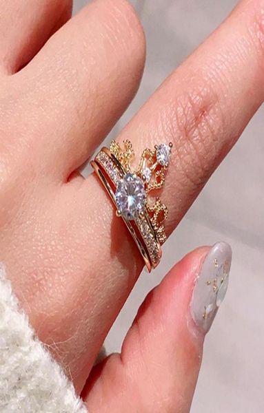 

cluster rings charming 14k real gold crown opening for women adjustable design beautiful jewelry shiny zircon wedding party gift8249967, Golden;silver