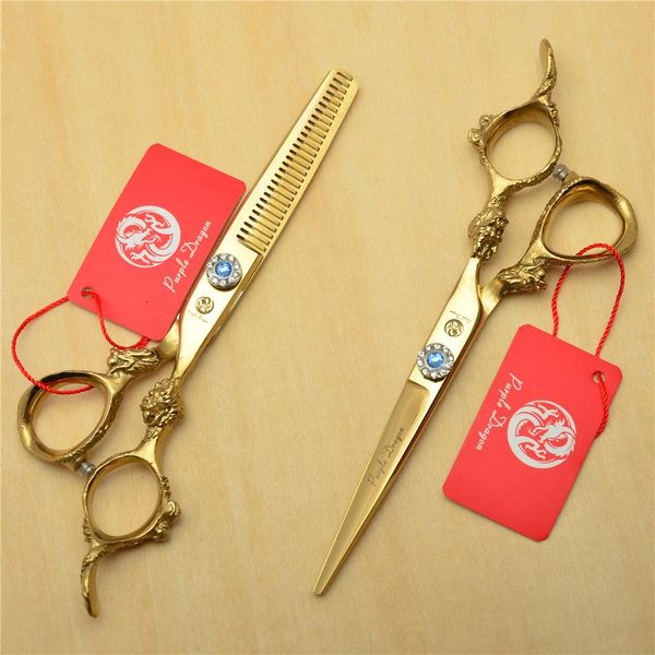 

shears 2pcs 6.0'' golden 440c professional human hair hairdressing scissors cutting shears + thinning scissors big dragon handle z