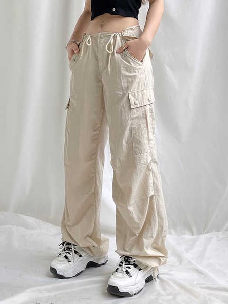

cargo pants women 2023 new fashion baggy more than a pocket drawstring wide leg pants streetwear casual straight pants, White;black
