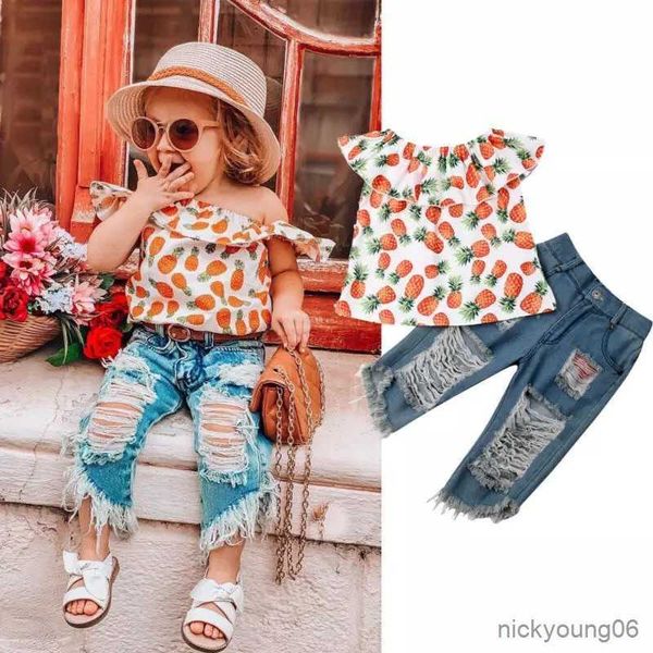 

clothing sets new style girl clothes set summer pineapple shirt and hole jeans pants suit for baby kids cute, White