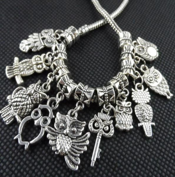

100pcs mixed tibetan silver alloy owl charms pendant dangle beads fit european jewelry making bracelet6625516, Bronze;silver