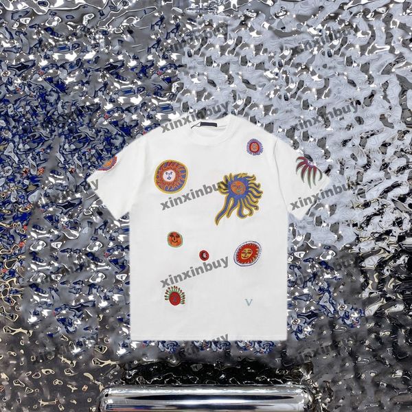 

xinxinbuy men designer tee t shirt 23ss face sun fish embroidery short sleeve cotton women white black xs-xl, Black;brown