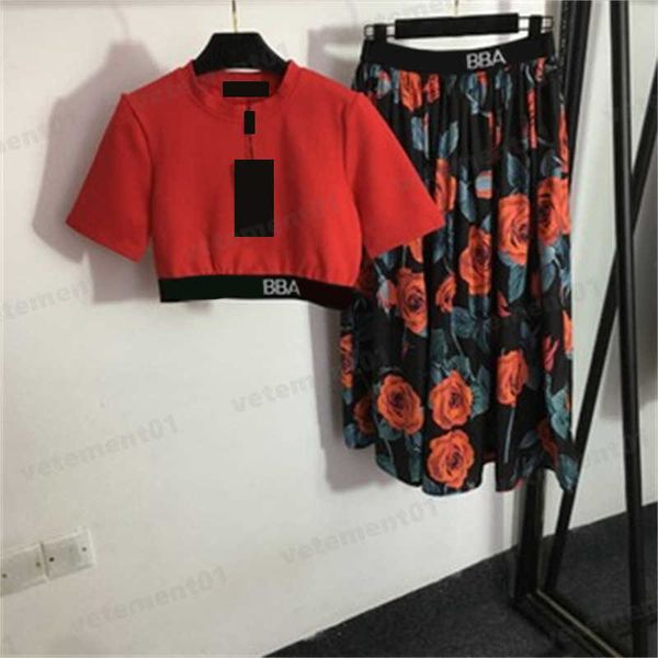 

red short t shirt flower skirt two piece set letter webbing waist short sleeve tshirt printed high waist half skirts suit summer women desig, White