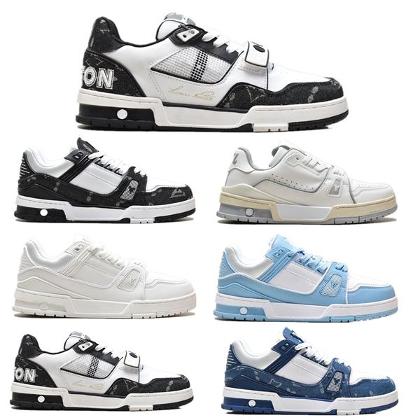 

designer trainer sneaker women men casual shoes calfskin leather fashion high black white blue denim printing textile lining leather flat bo