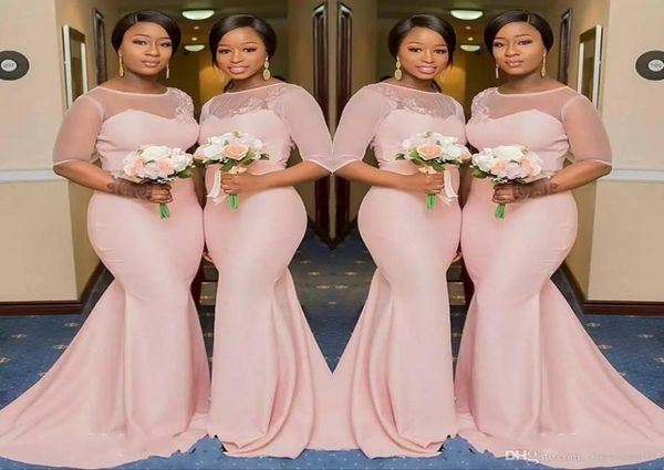 

blush pink sheer jewel neck bridesmaid dresses 12 sleeve mermaid floor length black girls maid of honor gown wedding guest dress4491983, White;pink