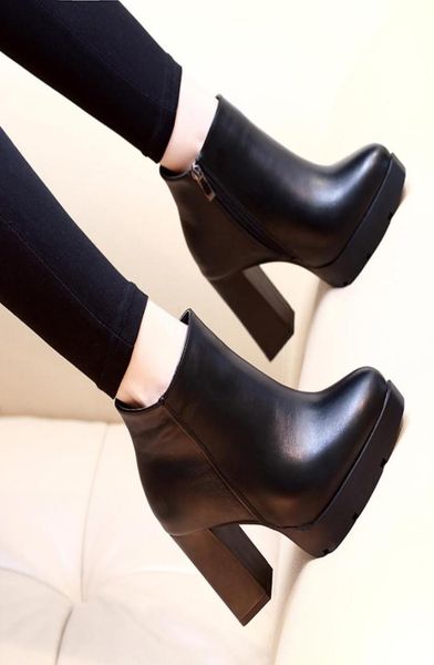 

autumn winter women ankle boots high heels chunky heels platform pu leather short booties black ladies shoes good quality3810420