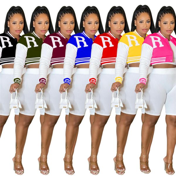 

2023 designer women's tracksuits casual baseball uniform sports suits summer 3 piece outfits long sleeve letters coat crop shorts whole, Gray
