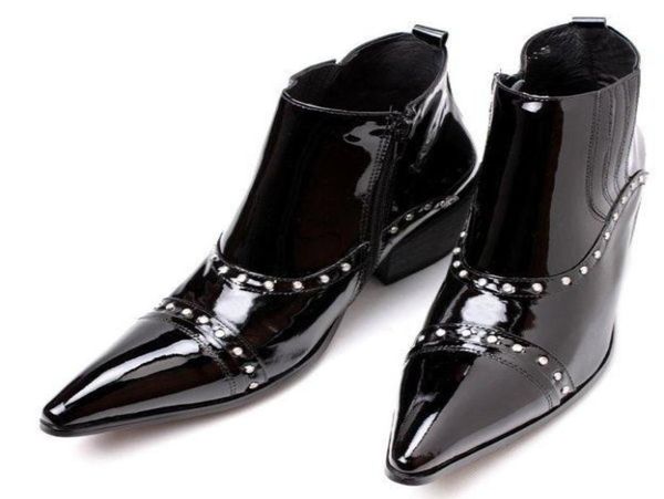 

italy type 65cm high heel men leather boots ankle pointed metal tip toe man boots short ankle motorcycle botas hombre big sizes 8625114, Black