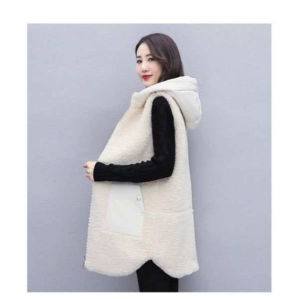 

vests imitation lamb hair vest women autumn winter wear 2021 new fashion midlength thick plush loose cotton waistcoats jacket m348, Black;white