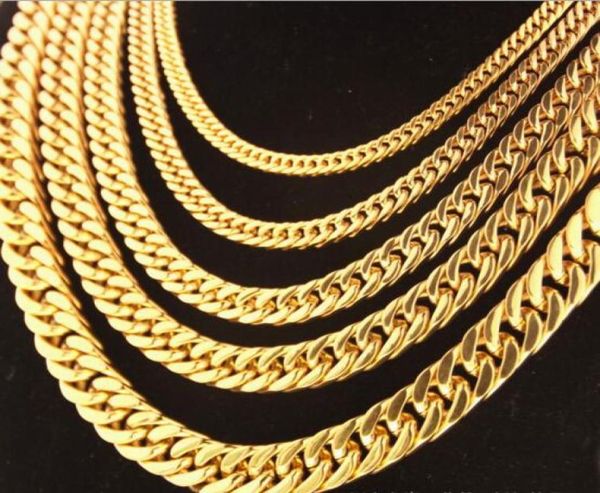 

681012mm 14mm men039s four grinding 18k gold plated chain cuban miami titanium steel necklace3674714, Silver