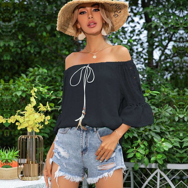 

american european and solid color off shoulder hollow out ruffled blouses clothing women's shirts w, White