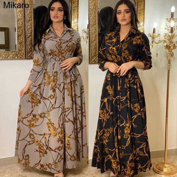 

mikaro casual dresses fashion french elegant for women summer retro print muslim dubai abaya lapel single treated long sleeve shirt dress, Black;gray