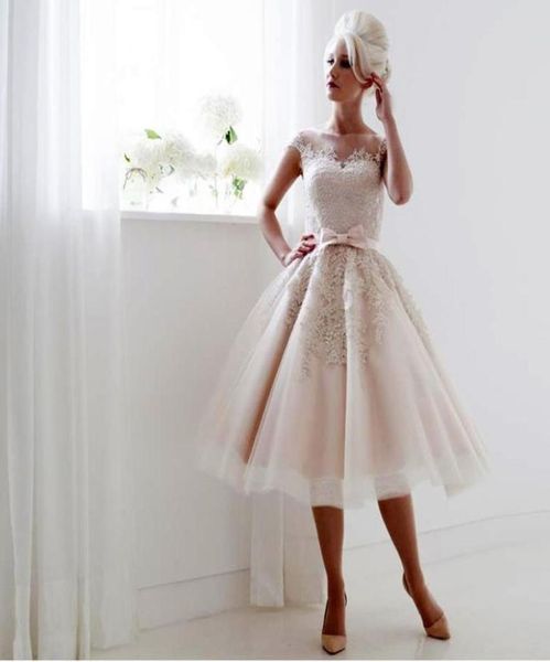 

vintage 1950039s wedding dresses cap sleeves tea length saudi champagne lace seethrough back beach bride gowns60240416550729, White