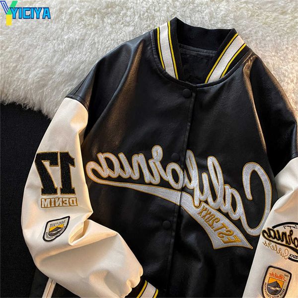 

yiciya men's jackets jackets american retro letter embroidered jackets coats men motorcycle bomb street leather baseball couple casual, Black;brown