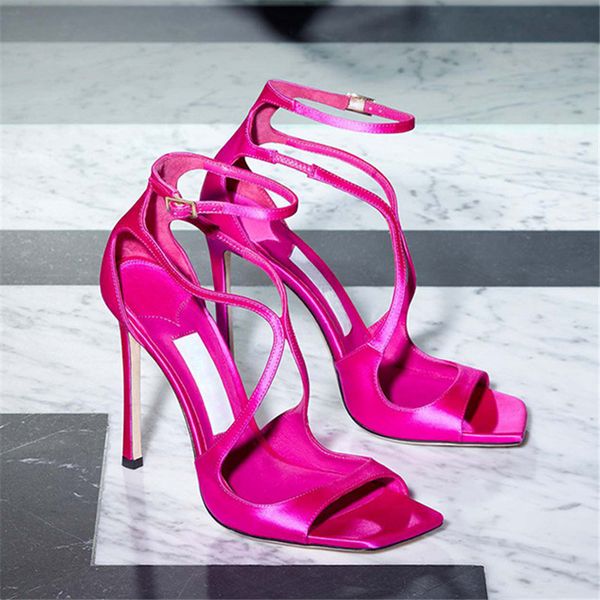 

womens sandals summer 2023 square toe high heels satin women pumps straps gladiator sandalias mujer designer party dress shoes, Black