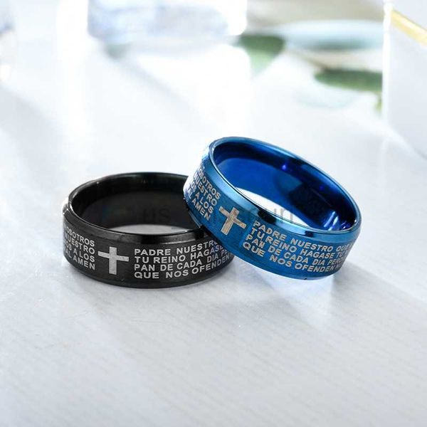

band rings men's ring stainless steel black color jesus cross ring letter bible verse prayer finger rings for men 8mm amulet jewelry j2, Silver