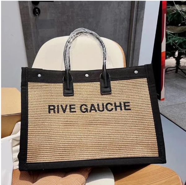 

designer tote bag rive gauche linen and leather shopping bag straw letter designer tote women's underarm shoulder bag beach bags handle