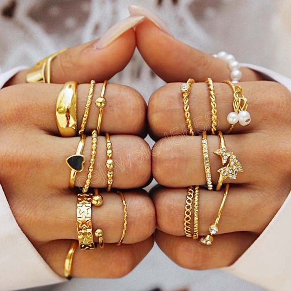 

21 piece set trendy rings for women crystal pearl charm stars butterfly hollowed heart finger ring fashion jewelry gift, Silver