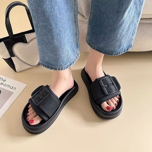 

leather slippers female summer outside wear thick sole casual fashion comfortable non-slip beach sandals, Black