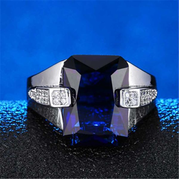 

band rings european and american exquisite rectangular rings inlaid with blue and green zircon men's rings fashion jewelry accessories, Silver