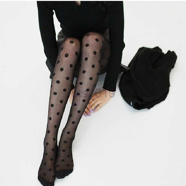 

socks women ' tights classic small polka dot silk stockings thin ladies vintage faux tattoo stockings pantyhose female hosiery j230531, Red;black