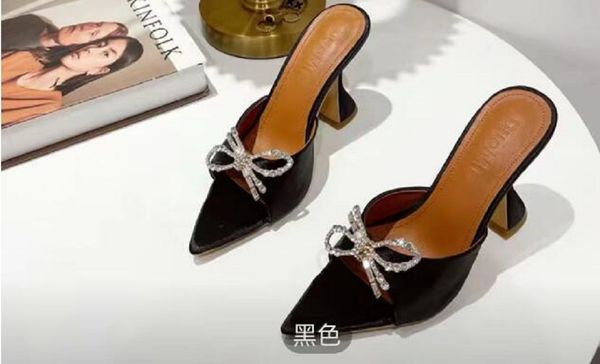 

11 slippers banquet slippers bow crystal embellished rhinestone mules spool heels sandals women summer luxury designers shoes sandal factory, Black