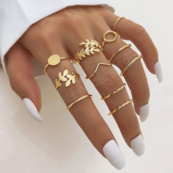 

minimalist gold color metal rings set leaf circle geometric fashion finger ring for women trendy jewelry party gift, Silver