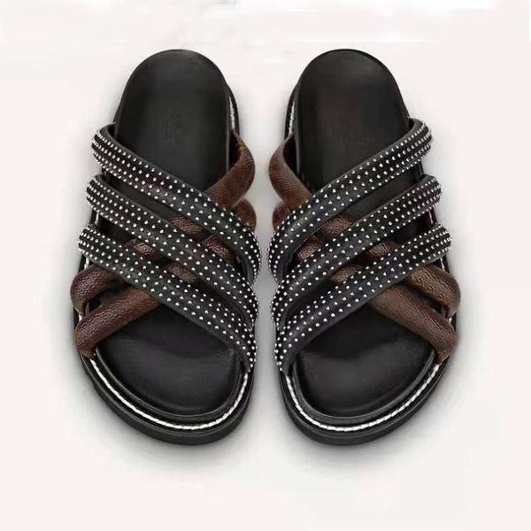 

beach slippers fashion thick bottom diamonds women shoes alphabet designer slipper lady platform sandals leather letter high heel slides lar, Black