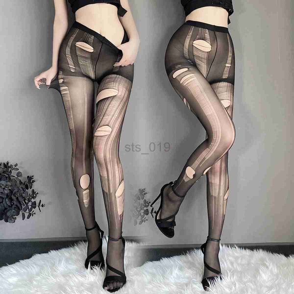 

socks black silk hand-torn stockings lace transparent catsuit erotic flirt fetish lingerie pantyhose broken hole thin tights j230531, Red;black