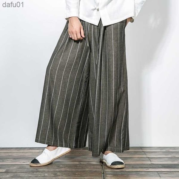 

men's pants harajuku wied leg pants cotton linen mens casual pants striped loose trousers male trousers fashion big size pants 3xl l230, Black