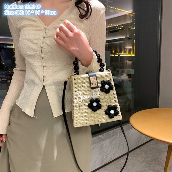

sales ladies shoulder bags 2 colors sweet stereotypes straw hard box handbag summer holiday straw beach bag wool crochet fashion mobile phone coin purse 12824#, Beige