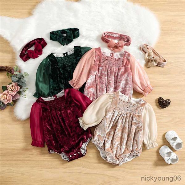 

clothing sets baby girls autumn jumpsuits outfit patchwork long sleeves velvet romper and headband set for infant, White