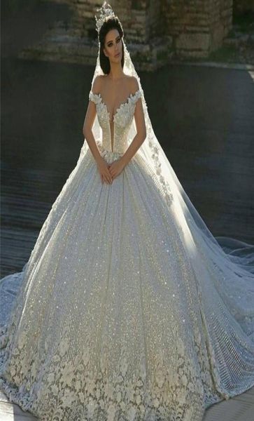 

sparkly off shoulder ball gown wedding dresses handmade flowers lace appliqued luxury bridal gowns dubai vestidos de novia1548853, White