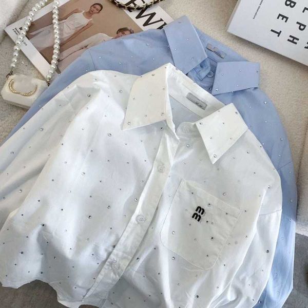 

early spring casual shirt designer blouse fashion rhinestone small letters long sleeved shirts lapel short shirt womens clothing, White