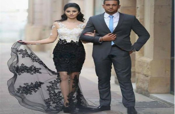 

black white mermaid evening formal dresses long sleeves 2020 lace beaded see through trumpet middle east arabic evening gowns9285669, Black;red