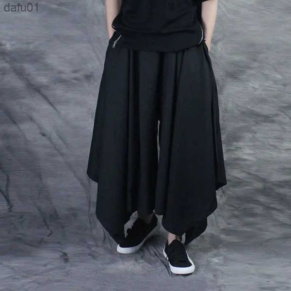 

men's pants vintage men pants elastic casual baggy hakama pants hip-hop men harajuku cotton linen wide-legged loose pants drawstring hi, Black