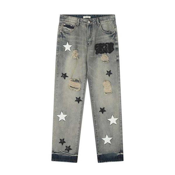 

broken pentagram patch embroidered jeans men's fashion brand loose water washed worn straight trousers837, Blue