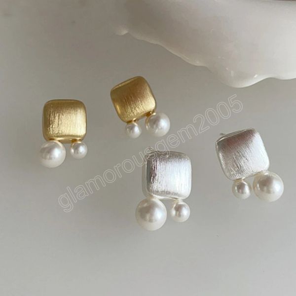 

925 silver needle geometric metal matte color simulated pearl square stud earrings for women girl party wedding gift, Golden;silver