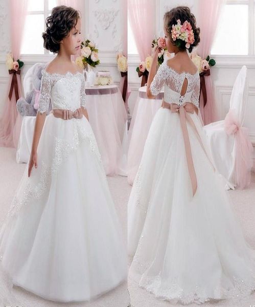 

off the shoulder cute flower girl dresses for wedding 2017 vintage lace with coral bow belt princess laceup kids communion dresse7838991, White;blue