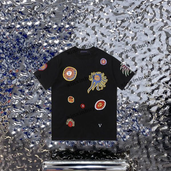 

xinxinbuy men designer tee t shirt 23ss face sun fish embroidery short sleeve cotton women white black xs-l, Black;brown