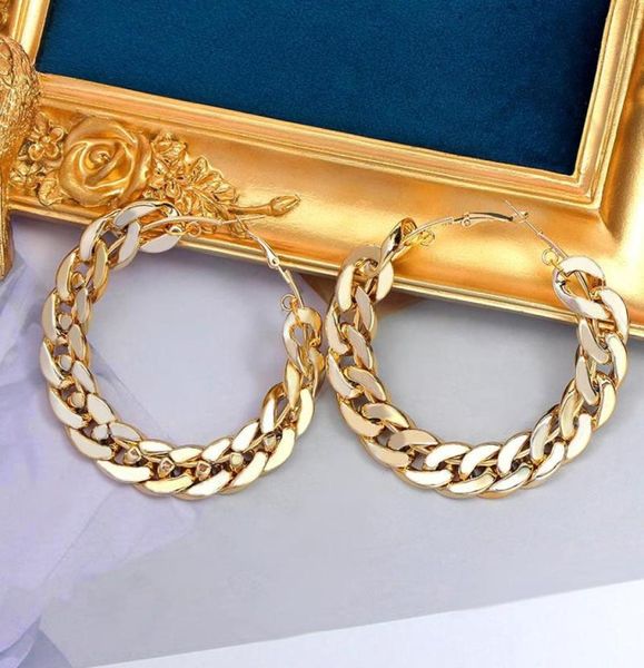 

just feel 2020 new design vintage chain hoop earring for women big gold silver color round brincos jewelry female statement gift3361096, Golden;silver