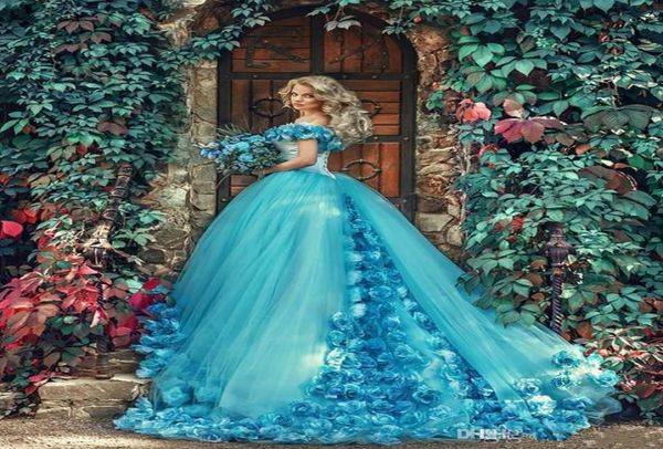 

vintage blue quinceanera dresses ball gown fairy hand made flowers off shoulder tulle sweet 16 dresses vestidos de 15 anos birthda3081564, Blue;red