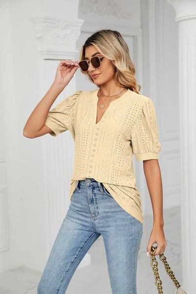 

summer women's clothing vneck bubble puff sleeve women blouse hollow out loose casual tshirt ynn, White