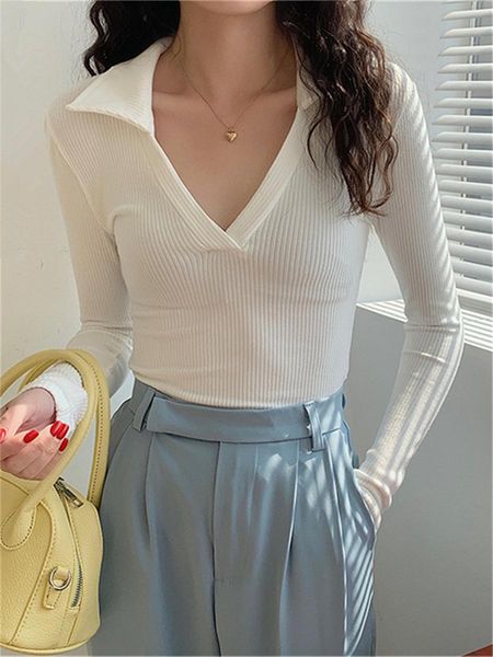 

polos new 2022 bottoming basic female knitwear clothes vintage office chic korean tees fashion women autumn winter short tshirt, White