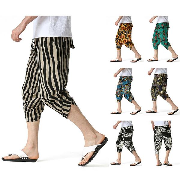 

pants japanese loose men's cotton linen pants male summer new breathable printing linen cropped pants fitness streetwear, Black