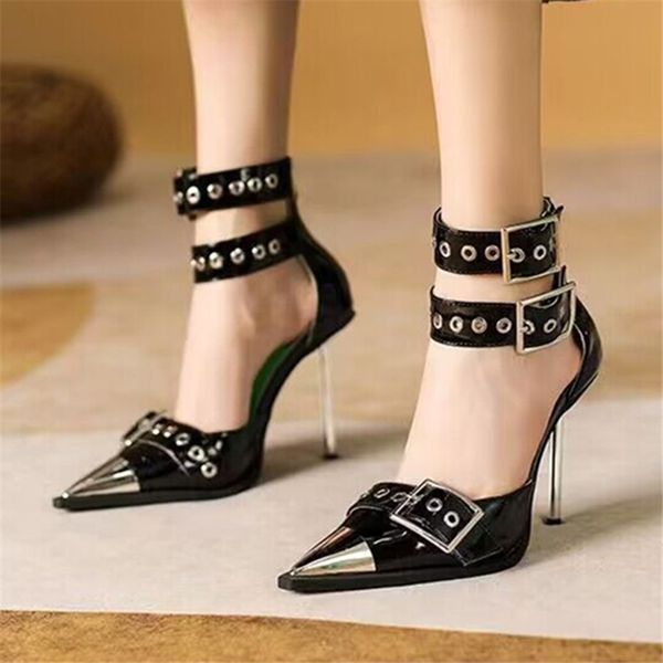 

metal pointed toe women pumps punk style high heels summer gladiator sandals black dress shoes ladies ankle straps stiletto