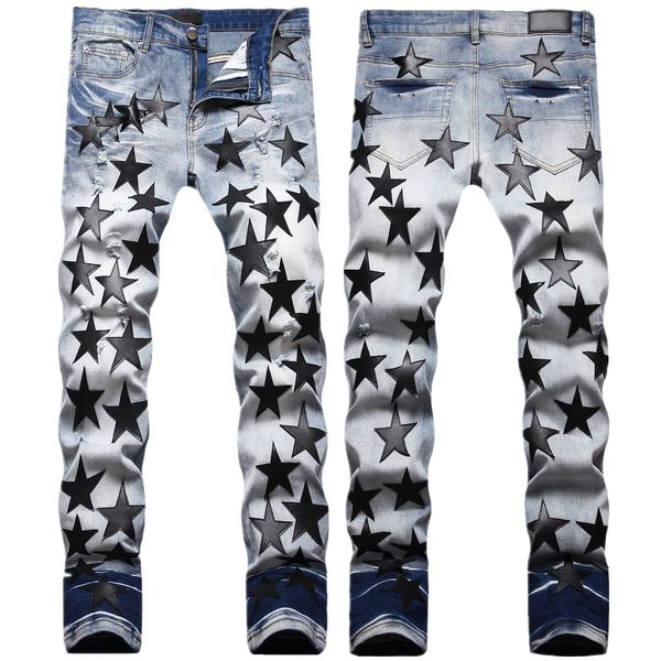 

designer mens amrrr jeans hip-hop star fashion zipper hole wash jean pants retro torn fold stitching men design motorcycle riding cool slim, Blue