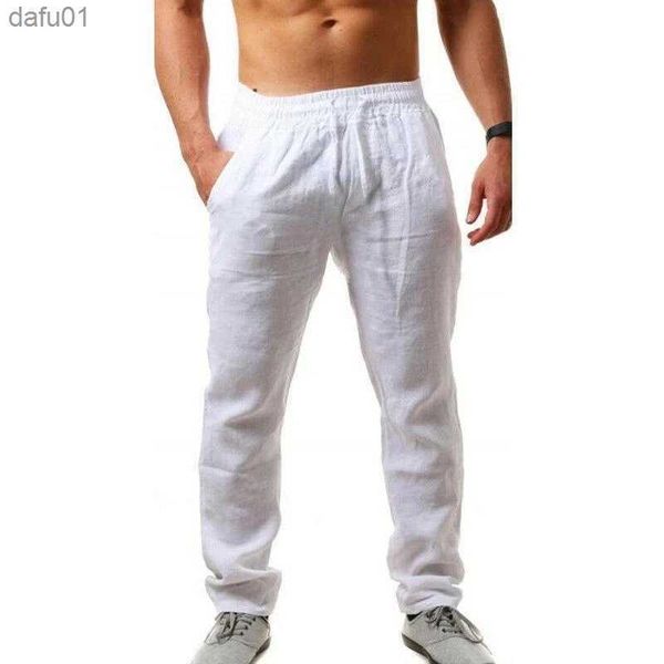 

men pants cotton linen trousers casual summer trousers male solid elastic waist straight loose sports running joggers plus size l230520, Black