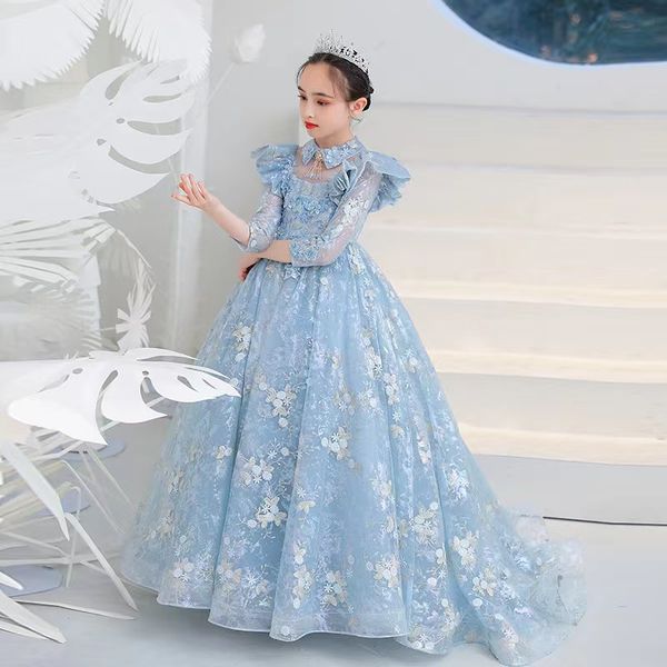 

2023 cute blush blue flower girls dresses long beaded crystal neck for weddings lace appliques ball gown birthday girl toddle frist holy com, White;blue